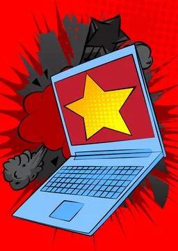 Cartoon Laptop, comic book Notebook with Star. Retro vector comics pop art .. Stock Illustration