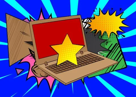 Cartoon Laptop, comic book Notebook with Star. Retro vector comics pop art .. 스톡 일러스트