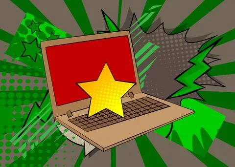 Cartoon Laptop, comic book Notebook with Star. Retro vector comics pop art .. 스톡 일러스트