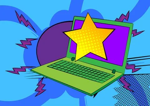 Cartoon Laptop, comic book Notebook with Star. Retro vector comics pop art .. Stock Illustration