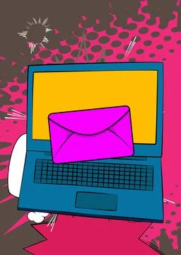 Cartoon Laptop, comic book Notebook with Letter Envelope. Retro vector comi.. Stock-Illustration