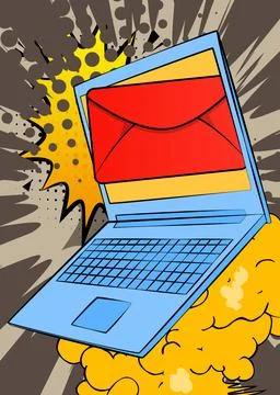 Cartoon Laptop, comic book Notebook with Letter Envelope. Retro vector comi.. Illustrazione stock