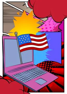Cartoon Laptop, comic book Notebook with American Flag. Retro vector comics.. Illustrazione stock