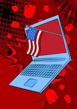 Cartoon Laptop, comic book Notebook with American Flag. Retro vector comics.. Stock Illustration