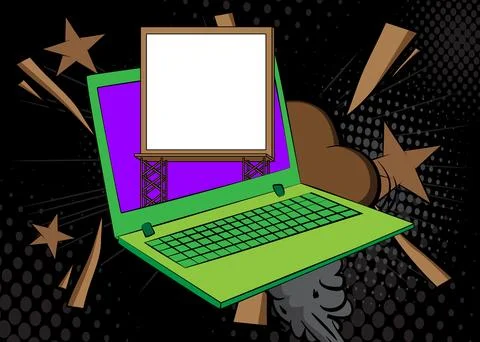 Cartoon Laptop, comic book Notebook with Billboard. Retro vector comics pop.. Stock Illustration