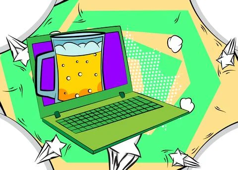 Cartoon Laptop, comic book Notebook with Beer glass. Retro vector comics po.. Stock Illustration