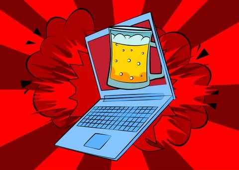 Cartoon Laptop, comic book Notebook with Beer glass. Retro vector comics po.. Stock Illustration