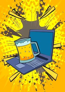 Cartoon Laptop, comic book Notebook with Beer glass. Retro vector comics po.. Stock Illustration