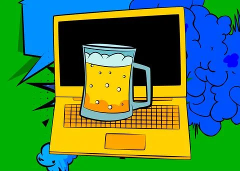 Cartoon Laptop, comic book Notebook with Beer glass. Retro vector comics po.. Stock-Illustration