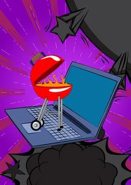 Cartoon Laptop, comic book Notebook with Burning wood in barbeque grill. Re.. Stock Illustration