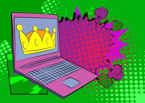 Cartoon Laptop, comic book Notebook with Crown. Retro vector comics pop art.. Stock-Illustration