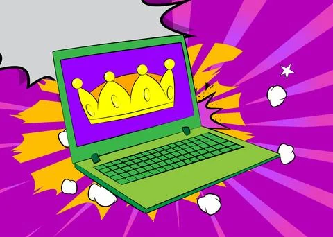 Cartoon Laptop, comic book Notebook with Crown. Retro vector comics pop art.. Stock-Illustration