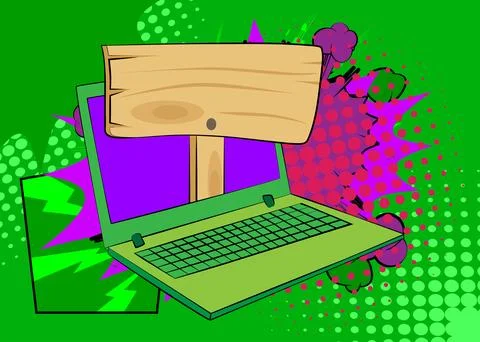 Cartoon Laptop, comic book Notebook with wood signboard. Retro vector comic.. Stock Illustration