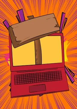Cartoon Laptop, comic book Notebook with wood signboard. Retro vector comic.. Stock Illustration