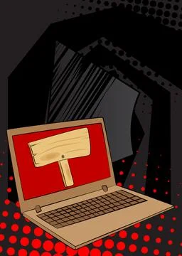 Cartoon Laptop, comic book Notebook with wood signboard. Retro vector comic.. Stock Illustration
