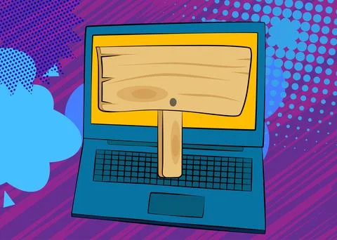 Cartoon Laptop, comic book Notebook with wood signboard. Retro vector comic.. Stock Illustration