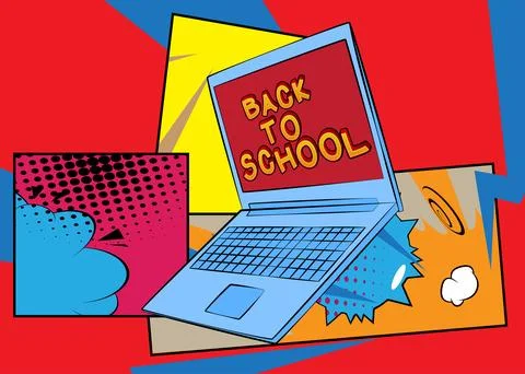 Cartoon Laptop, comic book Notebook with Back To School text. Retro vector .. Illustrazione stock