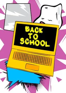 Cartoon Laptop, comic book Notebook with Back To School text. Retro vector .. Stock Illustration