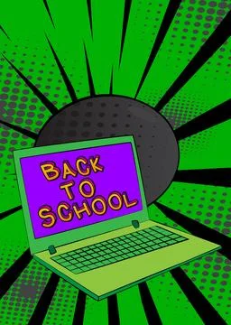 Cartoon Laptop, comic book Notebook with Back To School text. Retro vector .. Stock Illustration