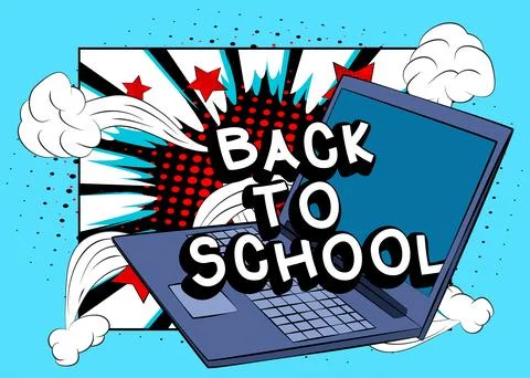 Cartoon Laptop, comic book Notebook with Back To School text. Retro vector .. Stock Illustration