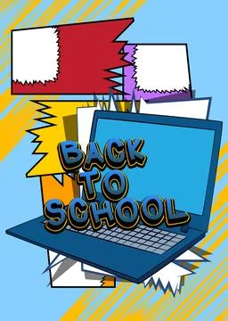 Cartoon Laptop, comic book Notebook with Back To School text. Retro vector .. Stock Illustration