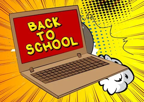 Cartoon Laptop, comic book Notebook with Back To School text. Retro vector .. Stock Illustration