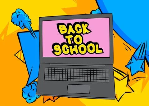 Cartoon Laptop, comic book Notebook with Back To School text. Retro vector .. 스톡 일러스트