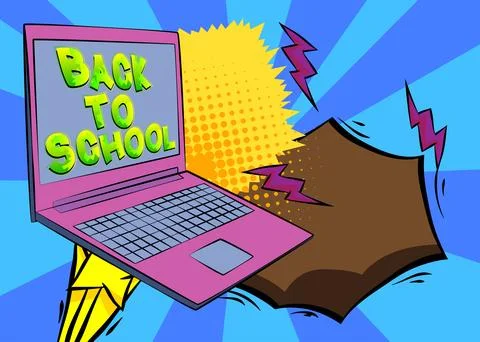 Cartoon Laptop, comic book Notebook with Back To School text. Retro vector .. Illustrazione stock