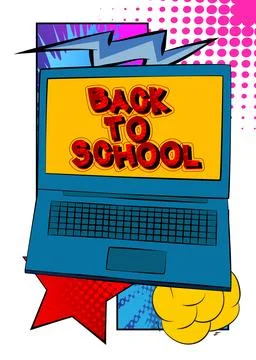 Cartoon Laptop, comic book Notebook with Back To School text. Retro vector .. Illustrazione stock