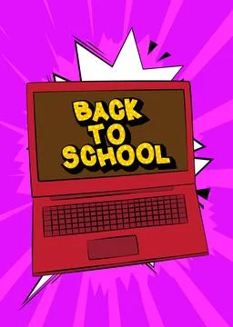 Cartoon Laptop, comic book Notebook with Back To School text. Retro vector .. Illustrazione stock