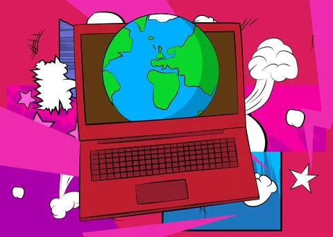 Cartoon Laptop, comic book Notebook with planet Earth. Retro vector comics .. Stock Illustration