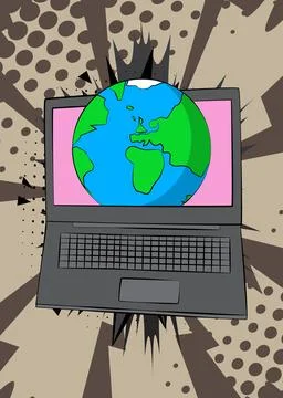 Cartoon Laptop, comic book Notebook with planet Earth. Retro vector comics .. Stock Illustration