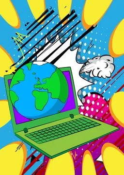 Cartoon Laptop, comic book Notebook with planet Earth. Retro vector comics .. Stock Illustration