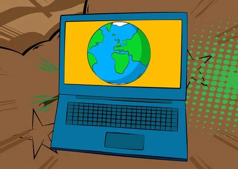 Cartoon Laptop, comic book Notebook with planet Earth. Retro vector comics .. Stock Illustration