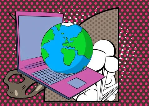 Cartoon Laptop, comic book Notebook with planet Earth. Retro vector comics .. Stock Illustration