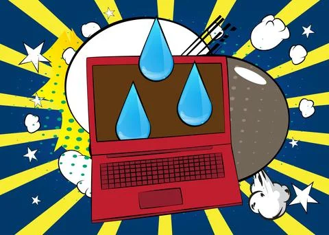 Cartoon Laptop, comic book Notebook with Water Drop. Retro vector comics po.. Stock Illustration