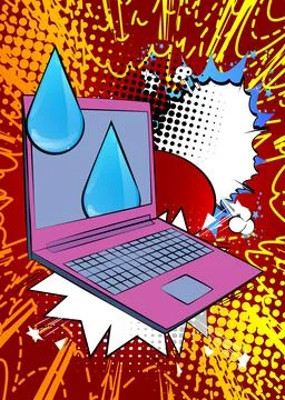 Cartoon Laptop, comic book Notebook with Water Drop. Retro vector comics po.. Stock Illustration