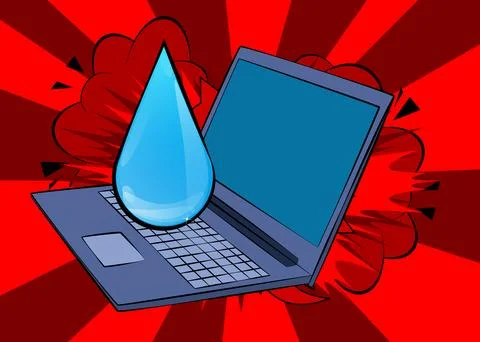 Cartoon Laptop, comic book Notebook with Water Drop. Retro vector comics po.. Stock Illustration