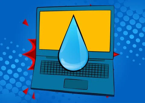 Cartoon Laptop, comic book Notebook with Water Drop. Retro vector comics po.. Stock Illustration
