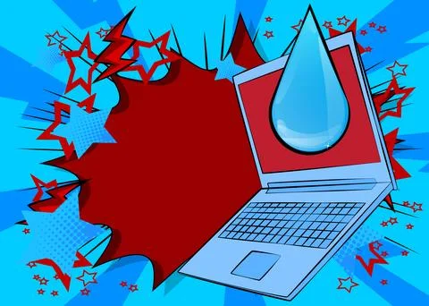 Cartoon Laptop, comic book Notebook with Water Drop. Retro vector comics po.. Stock Illustration