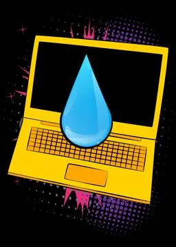 Cartoon Laptop, comic book Notebook with Water Drop. Retro vector comics po.. Stock Illustration