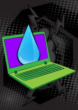 Cartoon Laptop, comic book Notebook with Water Drop. Retro vector comics po.. Stock Illustration