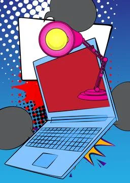 Cartoon Laptop, comic book Notebook with Office lamp. Retro vector comics p.. Stock Illustration