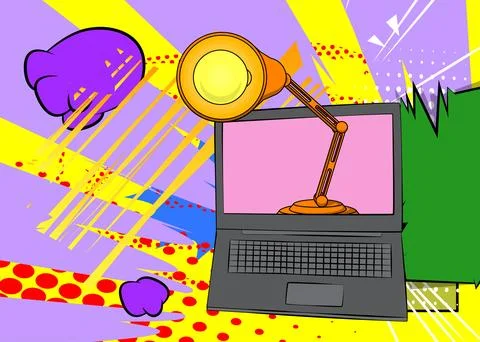 Cartoon Laptop, comic book Notebook with Office lamp. Retro vector comics p.. Stock Illustration