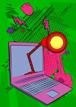 Cartoon Laptop, comic book Notebook with Office lamp. Retro vector comics p.. Stock Illustration