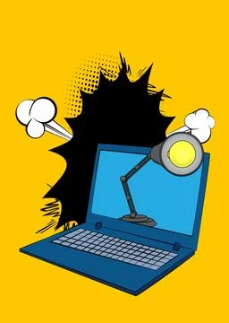 Cartoon Laptop, comic book Notebook with Office lamp. Retro vector comics p.. Stock Illustration