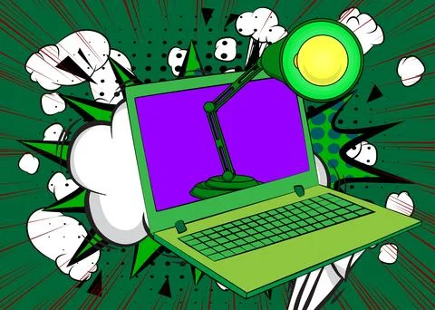 Cartoon Laptop, comic book Notebook with Office lamp. Retro vector comics p.. Stock Illustration
