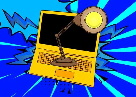 Cartoon Laptop, comic book Notebook with Office lamp. Retro vector comics p.. Stock Illustration