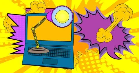 Cartoon Laptop, comic book Notebook with Office lamp. Retro vector comics p.. Stock Illustration