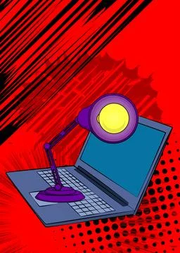 Cartoon Laptop, comic book Notebook with Office lamp. Retro vector comics p.. Stock Illustration